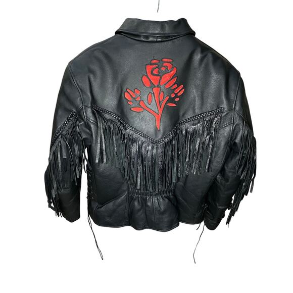 NWOT Women’s Black Fringe Leather Motorcycle Jacket Size Large Rose Inserts - Picture 4 of 15